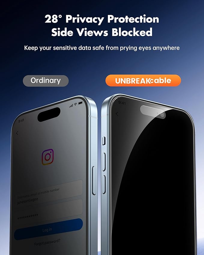 UNBREAKcable Privacy Screen Protector for iPhone 15, Anti-Spy Shatterproof Tempered Glass [True 28°Anti Spy] [9H Hardness] [Easy Installation Frame] Black Protector for iPhone 6.1" - 2 Pack