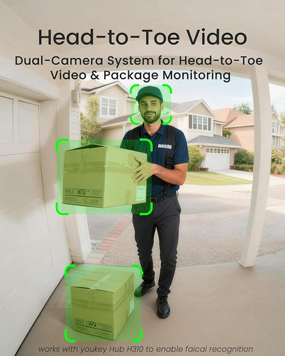 youkey Doorbell Camera Wireless with Chime, No Monthly Fee, 2K Battery Doorbell with Head-to-Toe Video, Package Detection, 5GHz WiFi, Two-Way Talk, Color Night Vision, DB312 (Renewed)