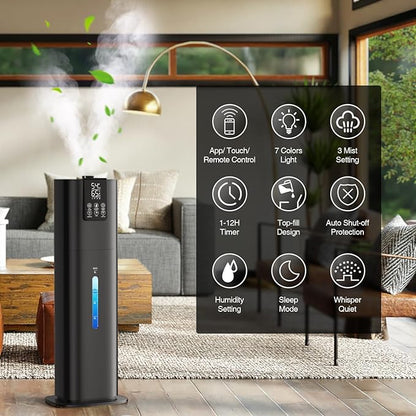 8L Smart Humidifier Large Room Bedroom Home, Quiet Top Fill Cool Mist Humidifier with Diffuser, Night Light, 3 Speed Humidifiers with 360° Nozzle, Timer, Humidity Setting for Plants Office Yoga Baby