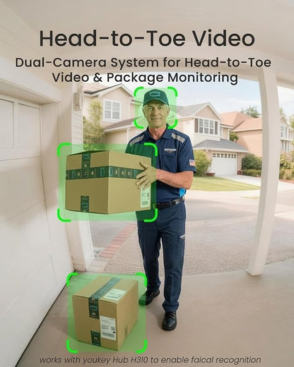 youkey Dual-cam Video Doorbell–See Visitor & Package at Once, No Monthly Fee, 2K Battery Doorbell with Package Detection, 5Ghz WiFi, Built-in 8GB Storage, Works with Alexa & Google Home,Chime Included