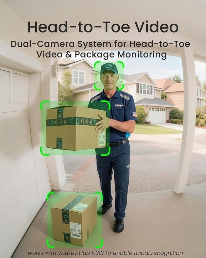 youkey Doorbell Camera Wired with Chime, No Monthly Fee, 2K Wired Doorbell with Head-to-Toe Video, Package Detection, 2.4/5GHz WiFi-6, Built-in 8GB Storage, Two-Way Talk, Color Night Vision, DB322