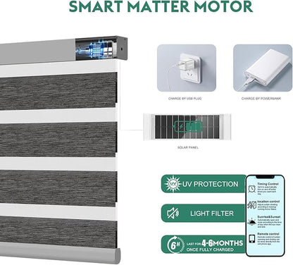 Motorized Zebra Blinds with Remote, Work with HomeKit Alexa Automatic Electric Window Shades 95% Blackout Light Filtering for Smart Home and Office, Customized Size Modern Dark Gray