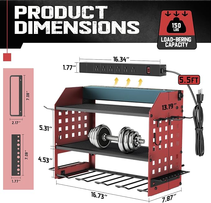 SPACECARE Power Tool Organizer with 6 Outlets, 3-Layer Heavy Duty Wall Mount Drill Storage Rack, Cordless Tool Charging Station with Utility Shelf, Garage Organization and Storage for Workshop- Red
