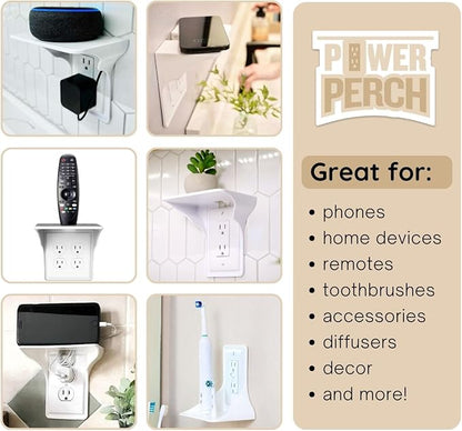 Power Perch Horizontal Outlet Shelf Organizer for Alexa Echo Dot Speakers, Phone - Wall Outlet Holder with Cord Storage Strap - Socket Shelf Bathroom Kitchen Counter Charging Station - White 2 Pack