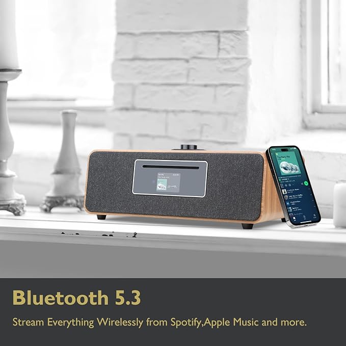 MS5 Upgrade Premium Internet Radio,Spotify HiFi,Bluetooth Stereo System for Home with CD Player,FM Radio, Acoustic Wood Cabinet,AUX & USB Input,50 Presets, OKTIV APP & Remote Control- Walnut