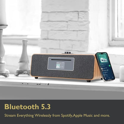 MS5 Upgrade Premium Internet Radio,Spotify HiFi,Bluetooth Stereo System for Home with CD Player,FM Radio, Acoustic Wood Cabinet,AUX & USB Input,50 Presets, OKTIV APP & Remote Control- Walnut
