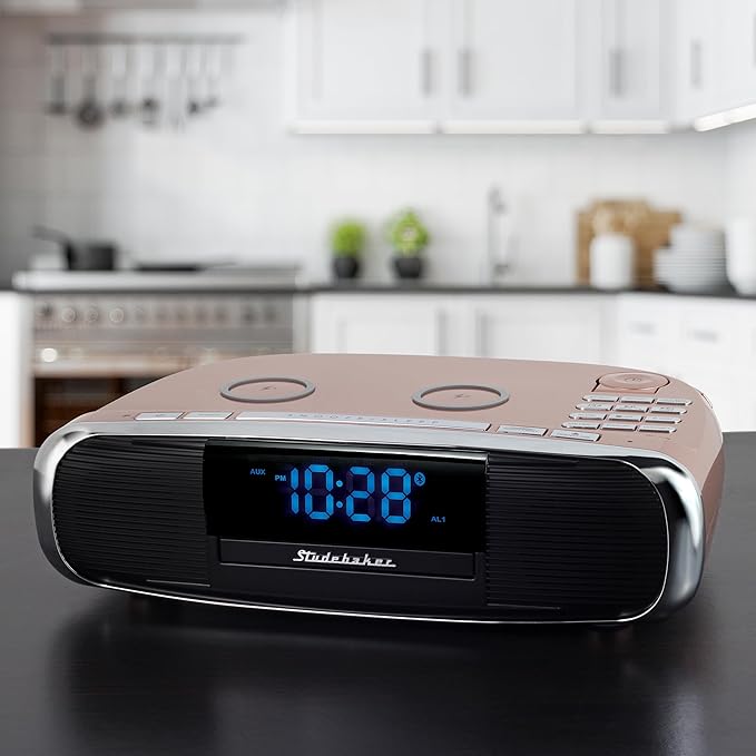 Studebaker Workstaton HiFi Music System with Bluetooth, FM Radio, CD, and Qi Wireless Charging Station (Rose Gold)