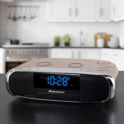 Studebaker Workstaton HiFi Music System with Bluetooth, FM Radio, CD, and Qi Wireless Charging Station (Rose Gold)