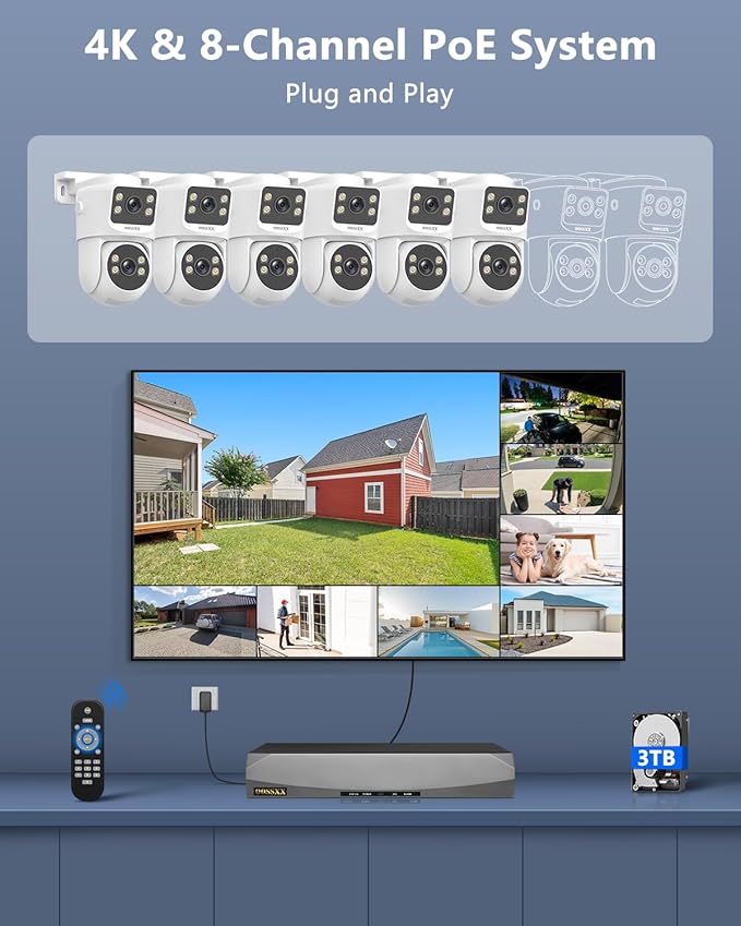 OOSSXX (2026 New) 4K PoE Security Camera System, 8CH NVR with 6 Dual Lens Cameras, Fixed + PTZ Auto Tracking, 130° Wide Angle, AI Human Detection, 2-Way Audio, No Monthly Fee