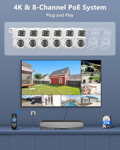 OOSSXX (2026 New) 4K PoE Security Camera System, 8CH NVR with 6 Dual Lens Cameras, Fixed + PTZ Auto Tracking, 130° Wide Angle, AI Human Detection, 2-Way Audio, No Monthly Fee