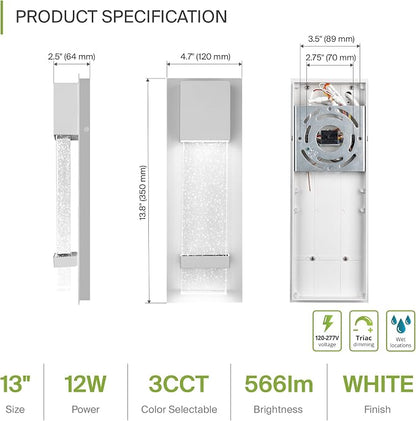 ASD LED 13" Bubble Glass Wall Light Fixture, Outdoor & Indoor Seeded Sconce | 3CCT, Waterproof, Dimmable, ETL Listed | 12W 500LM 3000-5000K 120V | Exterior Lantern, Porch Lighting | White, 4 Pack