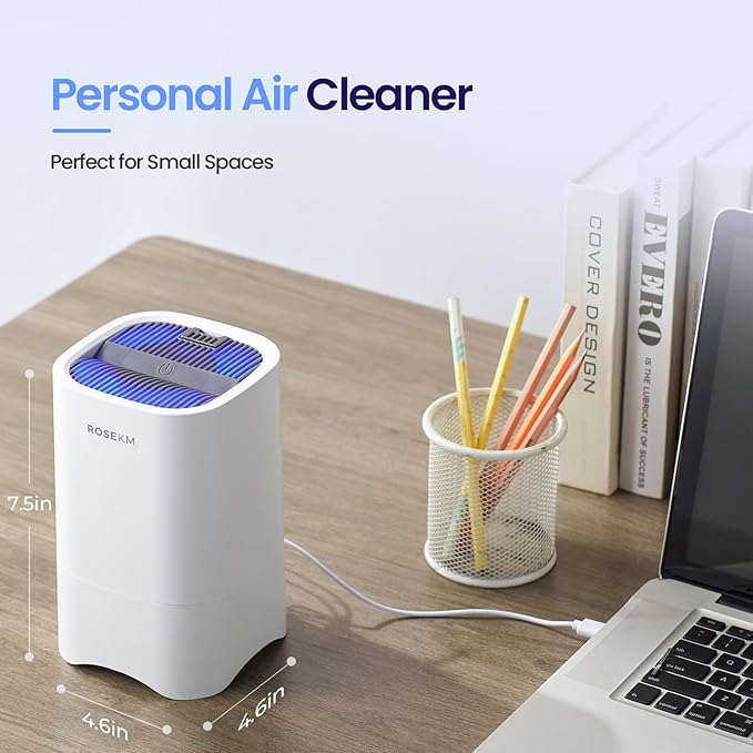 ROSEKM Small Air Purifiers for Home, Mini Air Purifier for Desktop, Bedroom, Office, Car, Room, Portable HEPA Air Purifier Air Cleaner for Smoke, Dust with Night Light
