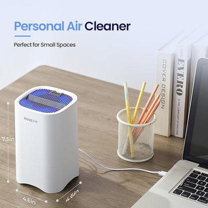 ROSEKM Small Air Purifiers for Home, Mini Air Purifier for Desktop, Bedroom, Office, Car, Room, Portable HEPA Air Purifier Air Cleaner for Smoke, Dust with Night Light