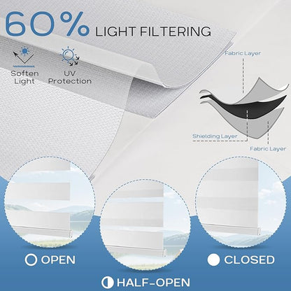 Motorized Zebra Blinds Dual Layer Window Shades Remote Roller Blinds with Alexa Google and Homekit Electric Horizontal Window Blindsfor Home Office Customized Size(60% Light Filtering - White)