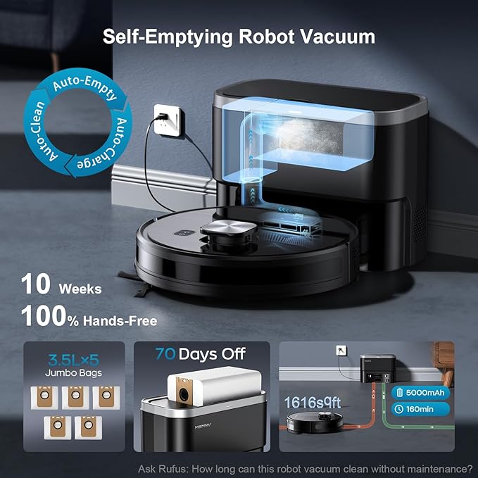 Robot Vacuum and Mop, 11500 Pa Suction, 3-in-1 Robotic Vacuum with Smart LiDAR Navigation, 90 Day Self-Emptying,160 Min Runtime,App/Alexa/Voice Control, Ideal for Pet Hair, Carpet & Hard Floor