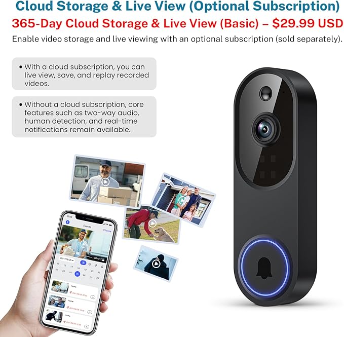 Guggre Doorbell Camera M52, Security Camera Outdoor/Indoor, 1080 HD with Night Vision, 4 Infrared Lights, 120° Wide View, Motion Detection Notification, Works with Smartphone, Wireless, Online Support
