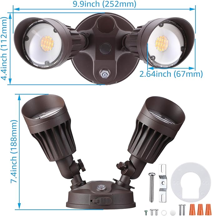 LEONLITE 3CCT Dusk to Dawn LED Security Lights, Adjustable Dual-Head Flood Light Outdoor with Photocell, 3000K/4000K/5000K Selectable, 25W(200W Equiv.), Wet Location, Aluminum, ETL Listed, Bronze