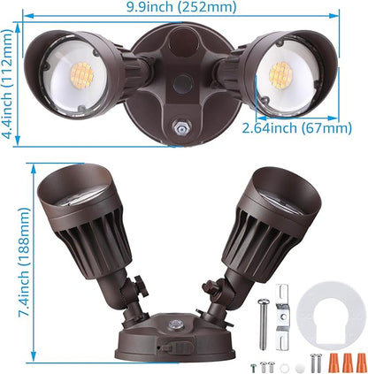 LEONLITE 3CCT Dusk to Dawn LED Security Lights, Adjustable Dual-Head Flood Light Outdoor with Photocell, 3000K/4000K/5000K Selectable, 25W(200W Equiv.), Wet Location, Aluminum, ETL Listed, Bronze
