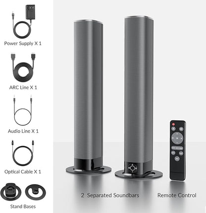 Sound Bar for Smart TV, 80W Soundbar with Bluetooth/ARC/Opt/AUX Connect, Auto Volume Boost, 3 Equalizer Modes, 2 in 1 Detachable Soundbar for TV/PC/Gaming/Projectors