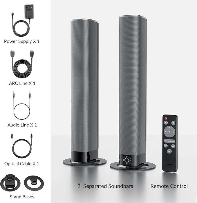 Sound Bar for Smart TV, 80W Soundbar with Bluetooth/ARC/Opt/AUX Connect, Auto Volume Boost, 3 Equalizer Modes, 2 in 1 Detachable Soundbar for TV/PC/Gaming/Projectors