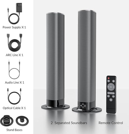 Sound Bar for Smart TV, 80W Soundbar with Bluetooth/ARC/Opt/AUX Connect, Auto Volume Boost, 3 Equalizer Modes, 2 in 1 Detachable Soundbar for TV/PC/Gaming/Projectors