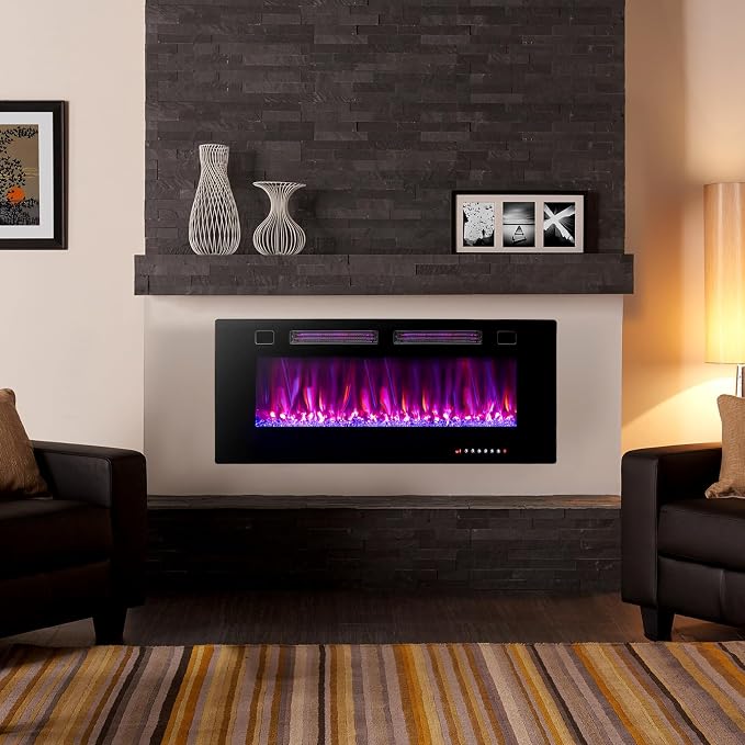COSTWAY Ultra-Thin Smart WiFi Electric Fireplace 42-inch Wide, Compatible with Alexa & Google Assistant, 750W/1500W Fireplace Heater with 12 Flame and Flame Bed Colors, Remote/APP Control, Black