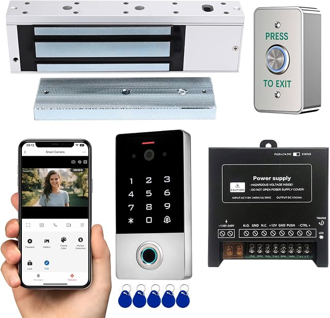 Smart Door Access Control System with Tuya APP Remote Video Intercom & Monitoring, Built-in Camera, 1200lbs Magnetic Lock, IP68 Metal Keypad, Fingerprint/Password/ID Card Unlock