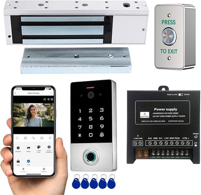 Smart Door Access Control System with Tuya APP Remote Video Intercom & Monitoring, Built-in Camera, 1200lbs Magnetic Lock, IP68 Metal Keypad, Fingerprint/Password/ID Card Unlock