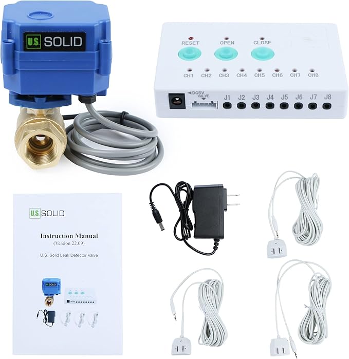 U.S. Solid Water Leak Detector with Auto Shutoff Valve, Sound Alarm, 1/2" Motorized Brass Ball Valve & 3 Sensors, Home Flood Prevention & Water Damage Defense for Basement, Laundry, Water Heater
