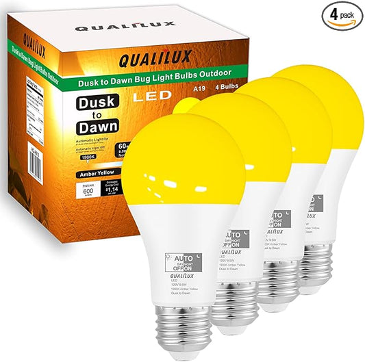 Qualilux Dusk to Dawn Bug Light Bulbs Outdoor, 1900K Amber Yellow, 600 Lumen, LED 9.5W, A19 E26, 4-Pack, HQ-H018