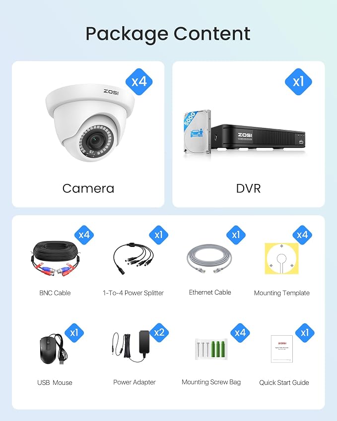 ZOSI 3K Lite Wired Security Camera System, 4 X 2MP Dome Cameras, 500GB HDD