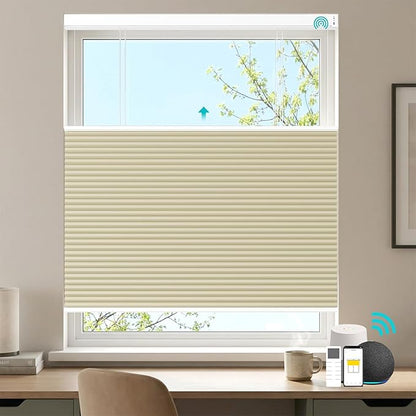 Motorized Top Down Bottom Up Cellular Shades with Remote, Custom Cordless Smart Honeycomb Blinds, Automatic Electric Light Filtering Window Blinds Work with Alexa Google for Home Office, Beige