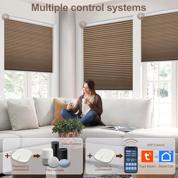 Godark Motorized Blackout Cellular Shades Compatible with Alexa/Google Home Electric Blinds Smart Honeycomb Shades for Windows Automatic Blinds with Remote Custom Size-Brown