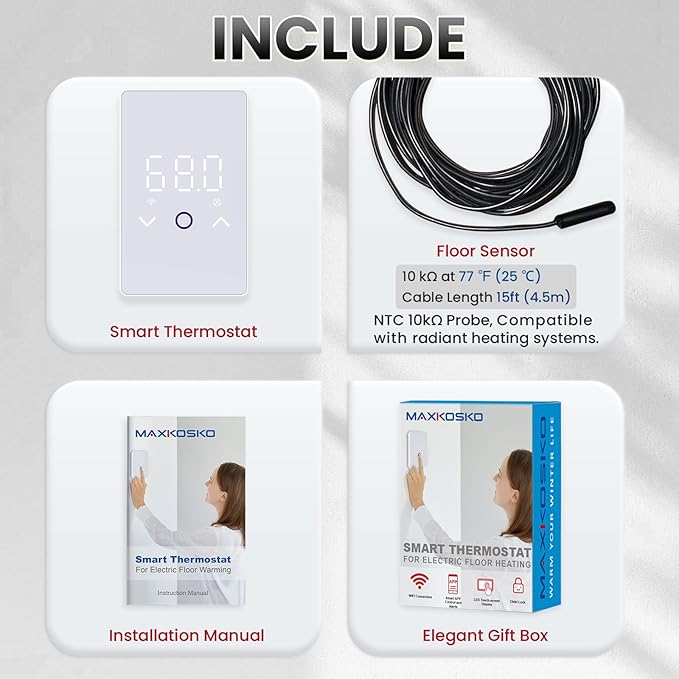 MAXKOSKO 1PC WiFi Smart Thermostat for Electric Floor Warming System with Touchscreen LED Display 120V/240V, Easy Connection & Energy Saving Home Programmable Thermostat White