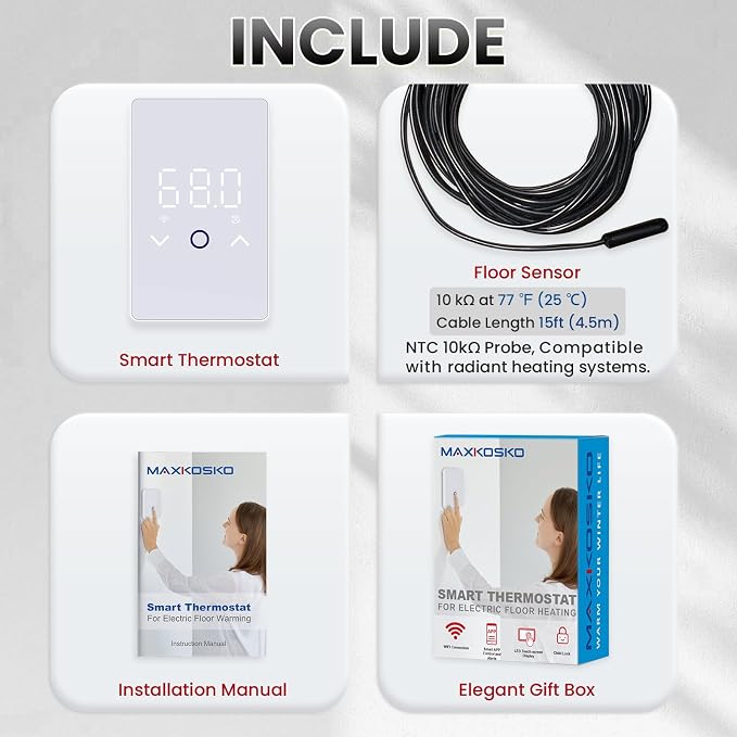 MAXKOSKO 4Pcs WiFi Smart Thermostat for Electric Floor Warming System with Touchscreen LED Display 120V/240V, Easy Connection & Energy Saving Home Programmable Thermostat White