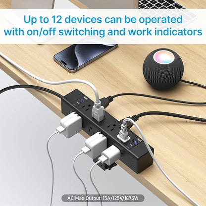 CCCEI Desk Outlet Station 45W USB C Port. 12 Outlet Desktop Clamp Power Strip Surge Protector 4800J with Switch. Nightstand Office Standing Desk Accessories, Fit Thicker Table Edge or Screw Mount, 4FT