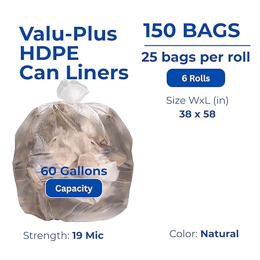 Inteplast VALH3860N22 HDPE Waste Can Liner, 0.74 Mil, Star Seal, 38" x 58", Natural (6 Pack of 25)