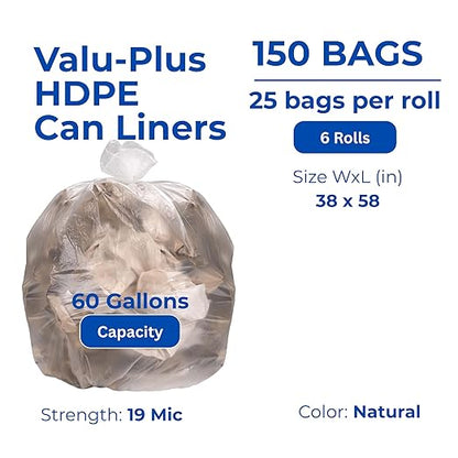 Inteplast VALH3860N22 HDPE Waste Can Liner, 0.74 Mil, Star Seal, 38" x 58", Natural (6 Pack of 25)