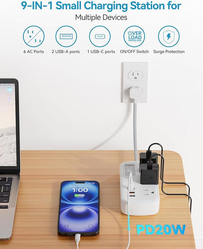 PD 20W USB C Surge Protector Power Strip, Travel Power Strip with 3 USB(1 USB C) Ports and 6 Outlets, Short Extension Cord 1 Ft, PD 20W Fast Charging Station, Wall Mount for iPad Pro iPhone Samsung