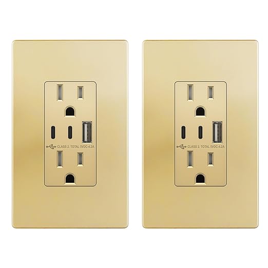 TOPGREENER 3-Port Type C USB Outlet, 15 Amp Receptacle Plug, Charging Power Outlet with Dual Type C&A Ports, Screwless Wall Plate Included, UL Listed, TU21542AC2-GDWP, Gold, 2 Pack