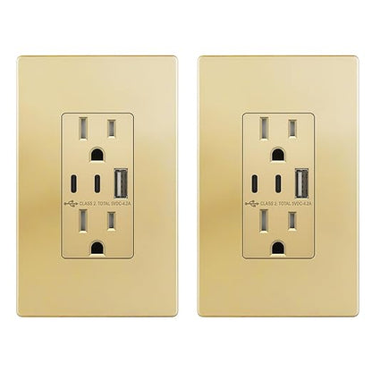 TOPGREENER 3-Port Type C USB Outlet, 15 Amp Receptacle Plug, Charging Power Outlet with Dual Type C&A Ports, Screwless Wall Plate Included, UL Listed, TU21542AC2-GDWP, Gold, 2 Pack
