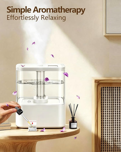 KZF 4L Top Fill Humidifiers for Bedroom & 40H Runtime - Cool Mist Humidifier, 3 Mist Levels, 8H Timer, Essential Oil Tray, Humidity Display, Quiet for Baby, Plants, Large Room (White, 4, Liters)