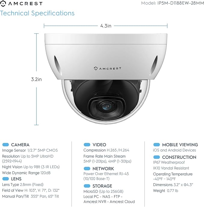 Amcrest 5MP Security Camera System, 4K 8CH PoE NVR, (4) x 5-Megapixel 2.8mm Wide Lens Weatherproof Metal Vandal Dome PoE IP Cameras, Pre-Installed 2TB Hard Drive, NV4108E-IP5M-D1188EW4-2TB (White)