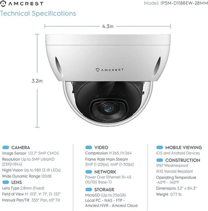 Amcrest 5MP Security Camera System, 4K 8CH PoE NVR, (4) x 5-Megapixel 2.8mm Wide Lens Weatherproof Metal Vandal Dome PoE IP Cameras, Pre-Installed 2TB Hard Drive, NV4108E-IP5M-D1188EW4-2TB (White)