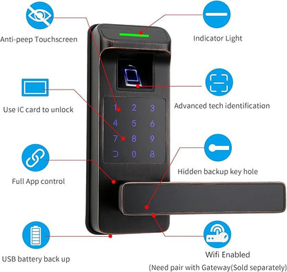 Harfo Fingerprint Door Lock, Heavy Duty Full APP Control Touchscreen Keypad Keyless Lock with Reversible Handle, Perfect for Home/Office/Bedroom Doors (Aged Bronze)