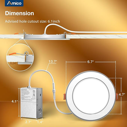 Amico 1 Pack 6 Inch 5CCT LED Recessed Ceiling Light with Double Ring Night Light, 2700-5000K Selectable Ultra-Thin Recessed Lighting, 12W=110W, 1100LM, Dimmable Canless Wafer Downlight, ETL, FCC