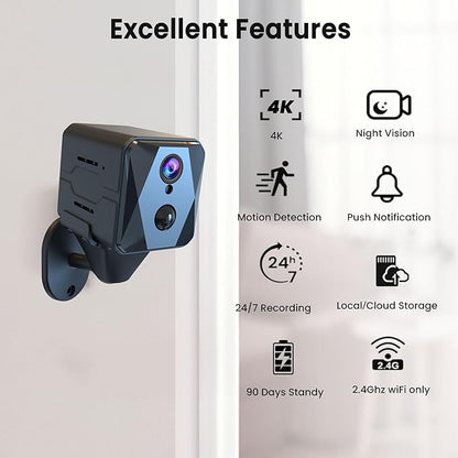 vebiliki 4K Spy Camera, Hidden Camera, WiFi Mini Cam, Durable Standby Time, Real-Time Recording, AI Motion Detection, Cloud & SD Storage, Auto Night Vision, Ideal Nanny Cam for Home Security