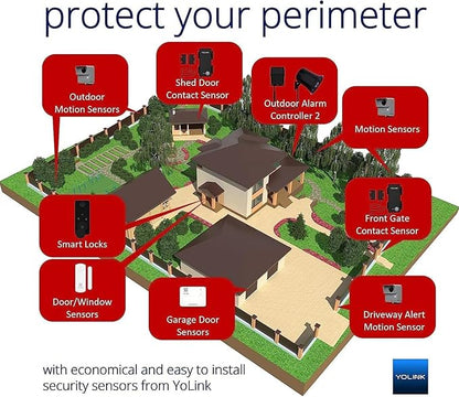 Outdoor Alarm Controller 2 and SirenFob Kit, Battery-Powered Siren/Alarm/Relay Controller, 12VDC Out, Up to 1/4 Mile Open-Air Range, 110dB Siren Included, YoLink Hub Included