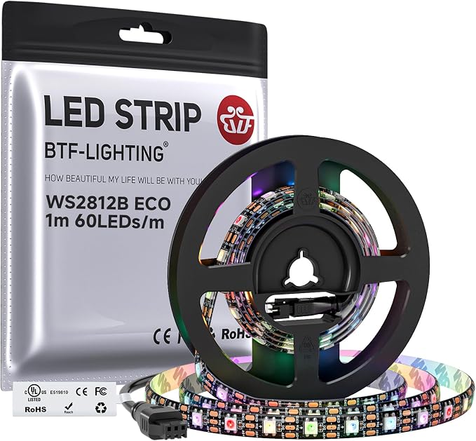 BTF-LIGHTING WS2812B ECO RGB LED Strip,UL Listed,Individually Addressable,3.28FT 60LED/m 60Pixel DC5V 5050SMD,Alloy Wire Flexible 3M Tape for DIY Chasing Color Project IP65(No Adapter or Controller)