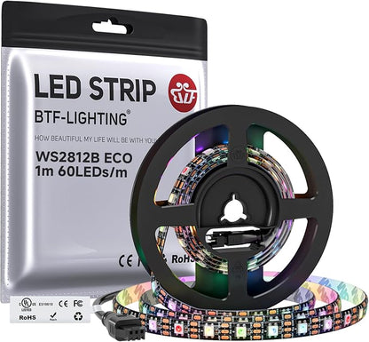 BTF-LIGHTING WS2812B ECO RGB LED Strip,UL Listed,Individually Addressable,3.28FT 60LED/m 60Pixel DC5V 5050SMD,Alloy Wire Flexible 3M Tape for DIY Chasing Color Project IP65(No Adapter or Controller)